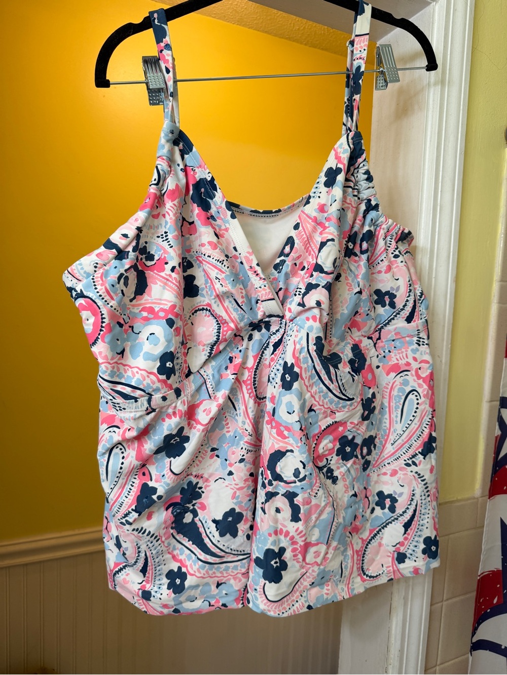 Crown Paisley Floral V-Neck swim top- Pink, Light Blue & Navy